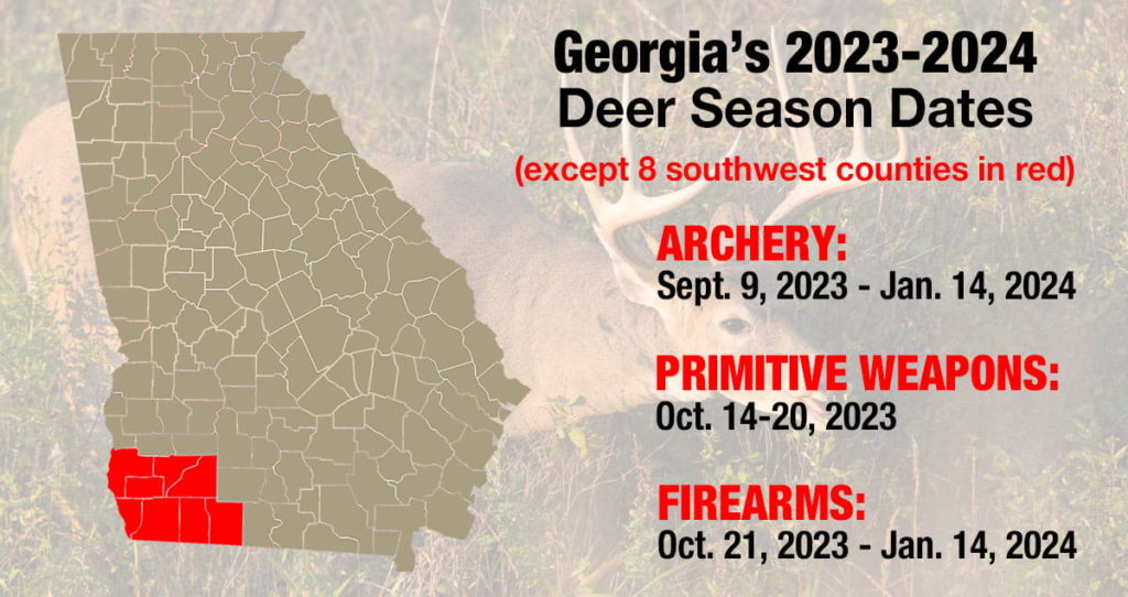 Graphic featuring Georgia's deer season dates for 2023-2024.