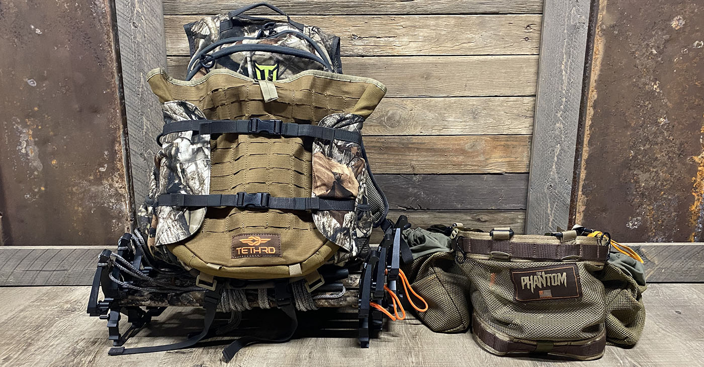 Photo of the TideWe hunting pack with saddle hunting gear attached.