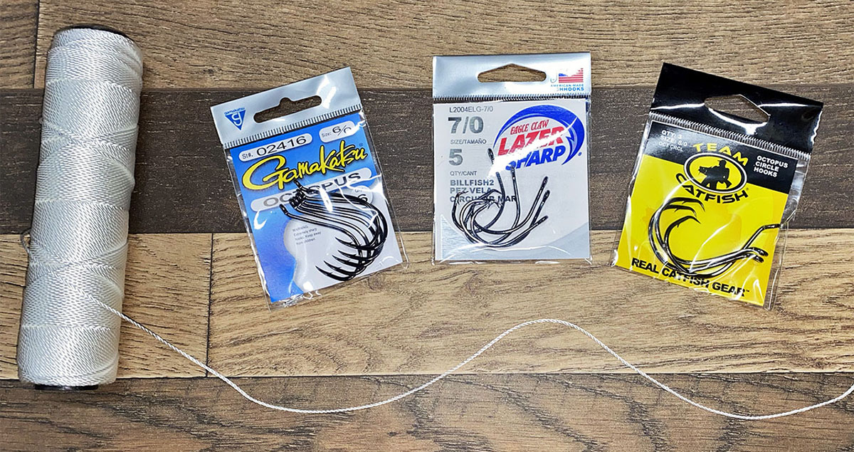 Photo of three packs of circle hooks for use on a trotline.
