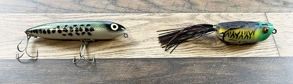 A Zara Spook and topwater frog baits.
