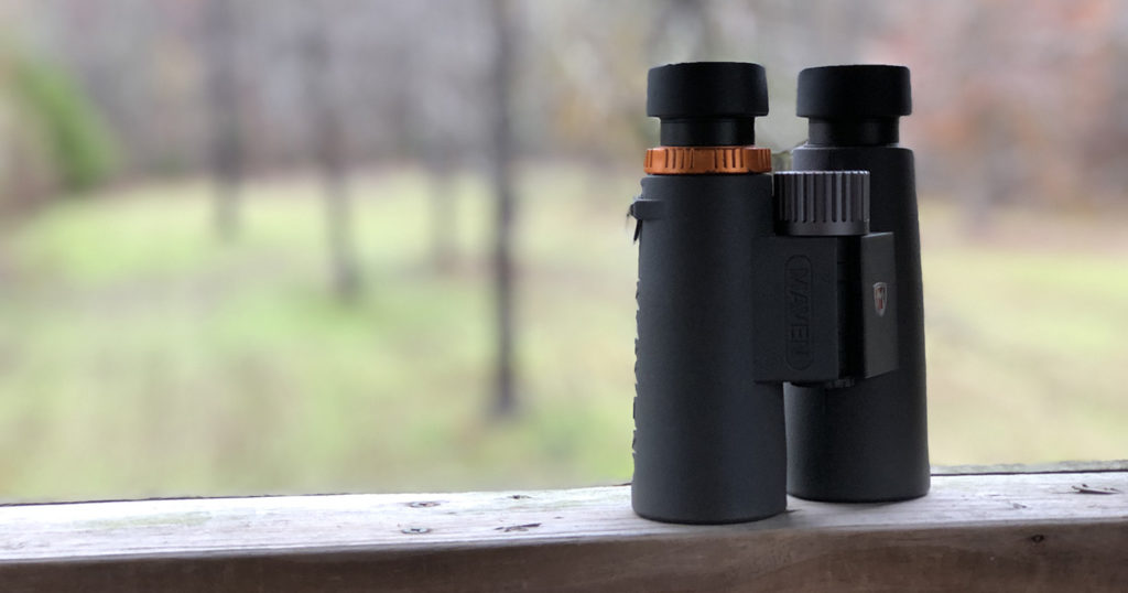 The author's Maven C1 binoculars sitting in the window of a hunting blind.