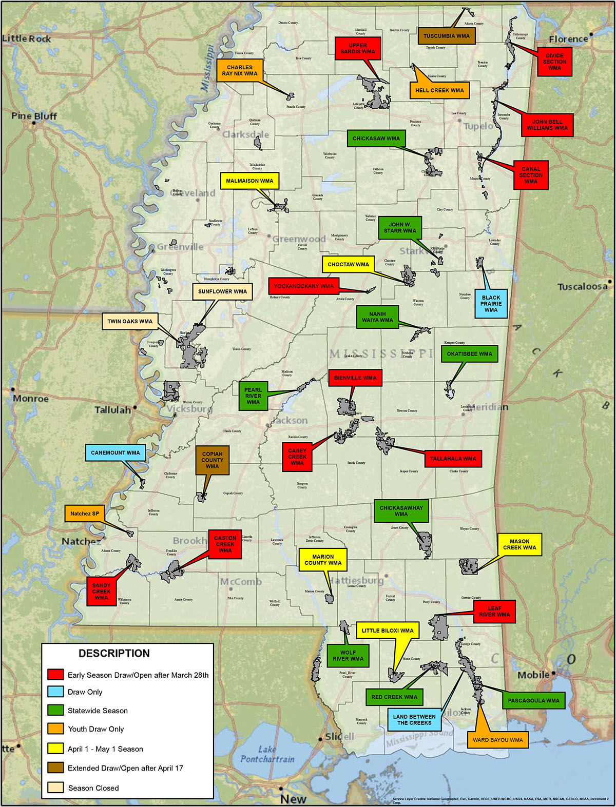 Map of Mississippi WMAs offering spring turkey hunting opportunities.